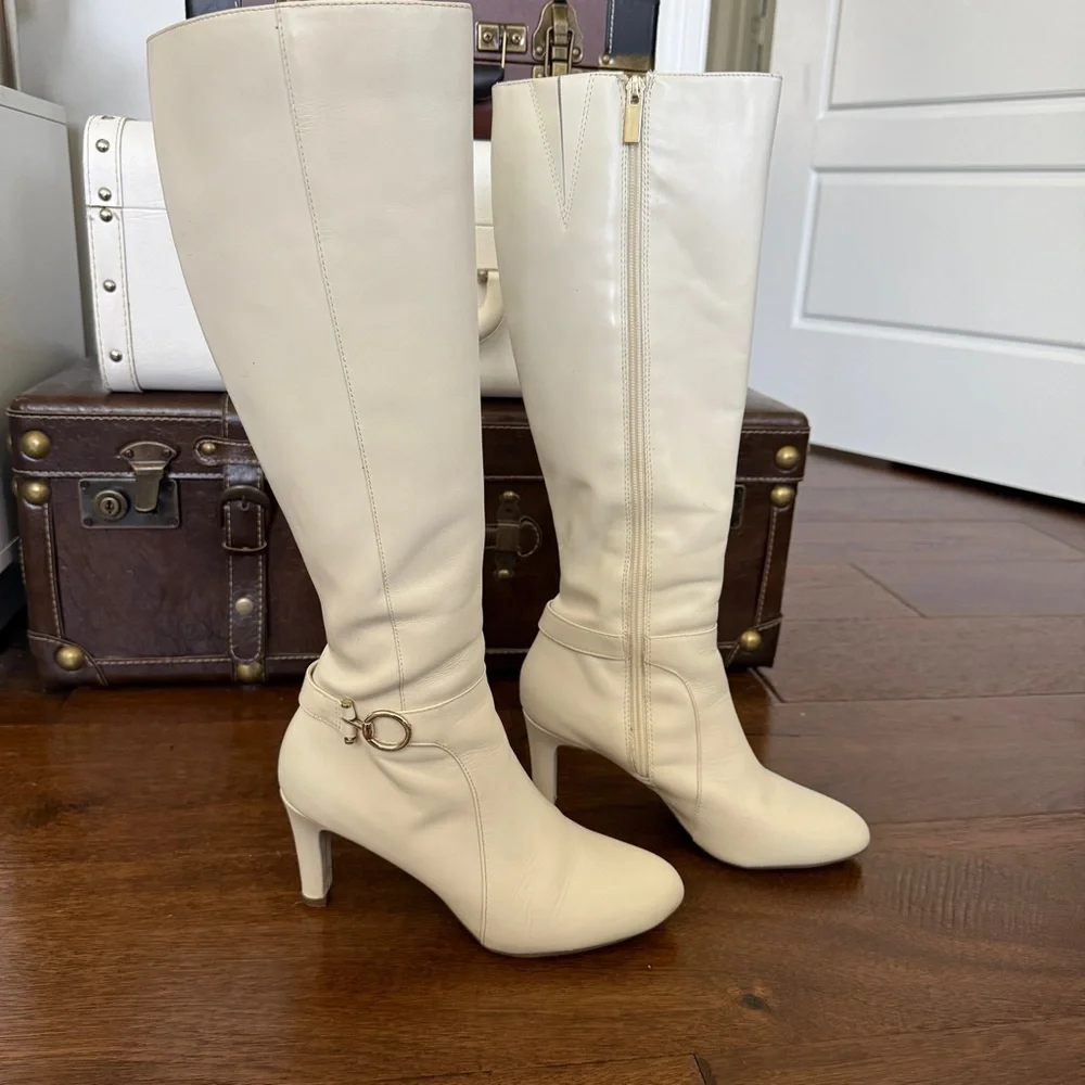Bandolino Cream Knee-High Buckle Strap Boots